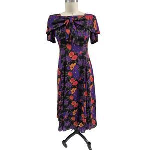 Vtg 80s Retro Liz Claiborne Dress 100% Polyester Floral Black/Purple/Orange S